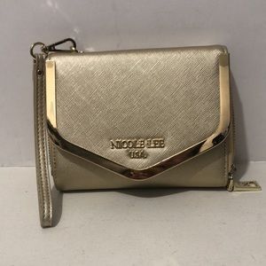 Nicole Lee Night Bag Purse Shoulder Clutch Wrist Straps 6x5x2 Metal Trim Golden